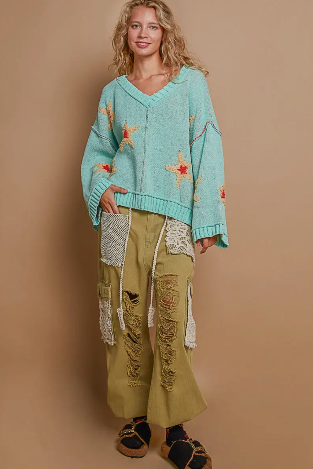 POL Star Berber Patch Paradise Mint V Neck Long Sleeve Sweater