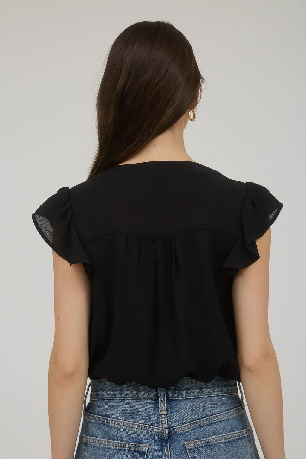 Mine Black with Pink Floral Embroidery V Neck Blouse