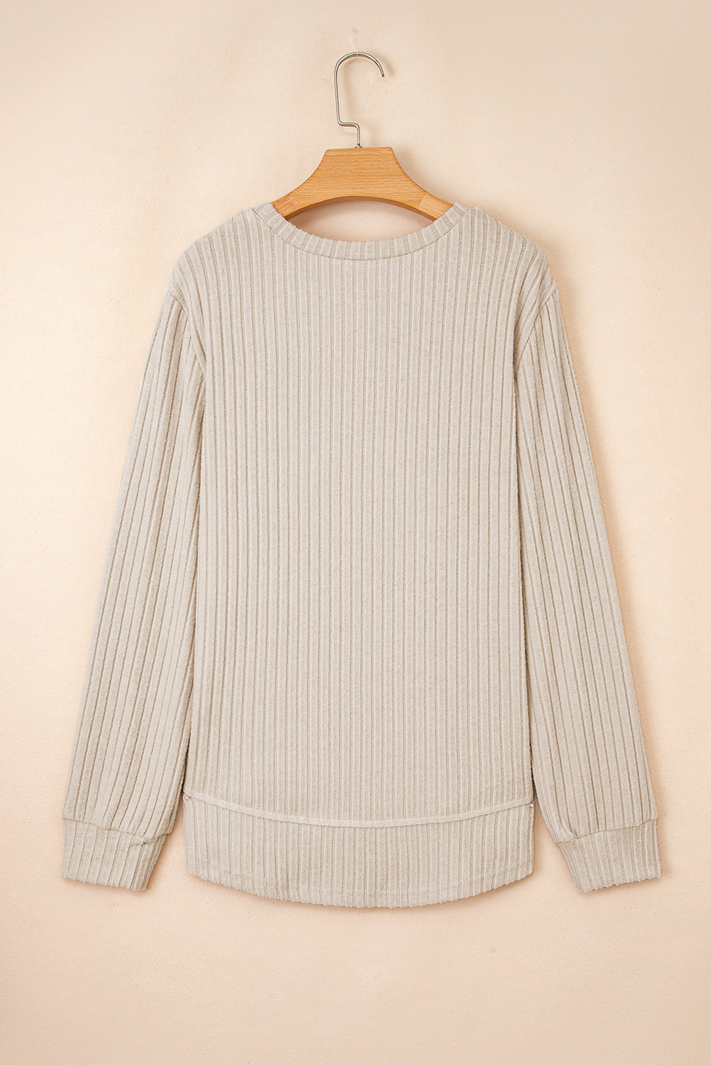 White Ribbed Texture Round Neck Long Sleeve Rounded Hem Knit Top