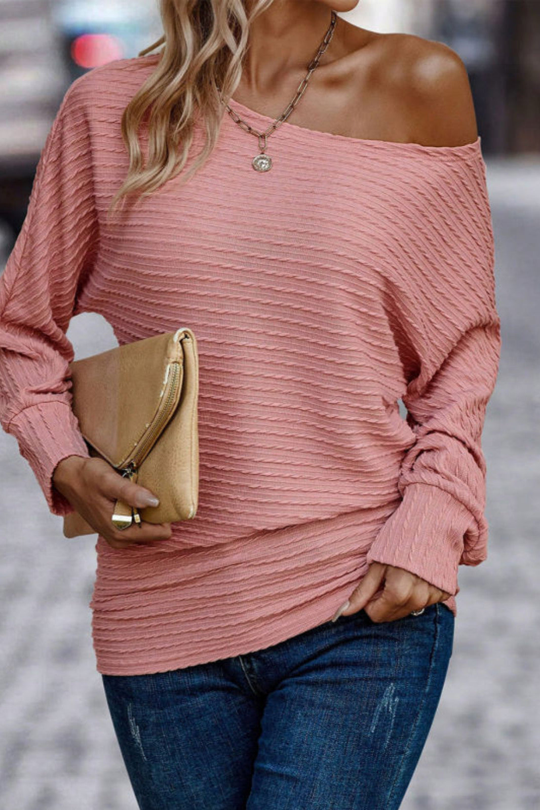Dusty Pink Textured Knit Long Sleeve Knit Top