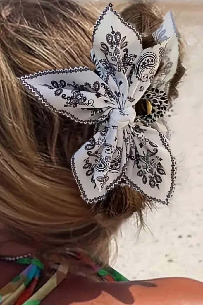 White and Black Paisley Floral Bandana Print Bow Knot Hair Clip