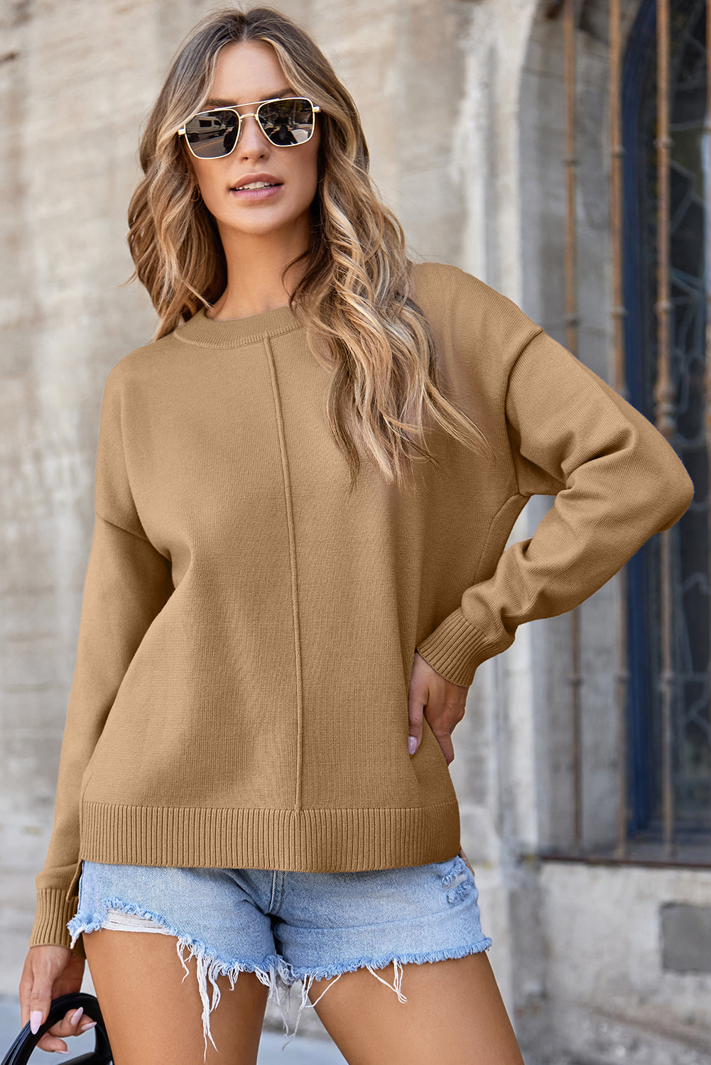 Gray Front Center Seam Drop Shoulder Pullover Solid Sweater