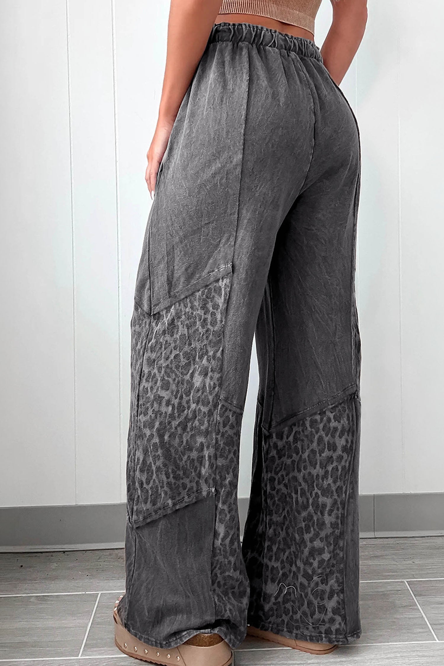 Coffee or Dark Grey Mineral Wash Leopard Patchwork Loose Pants