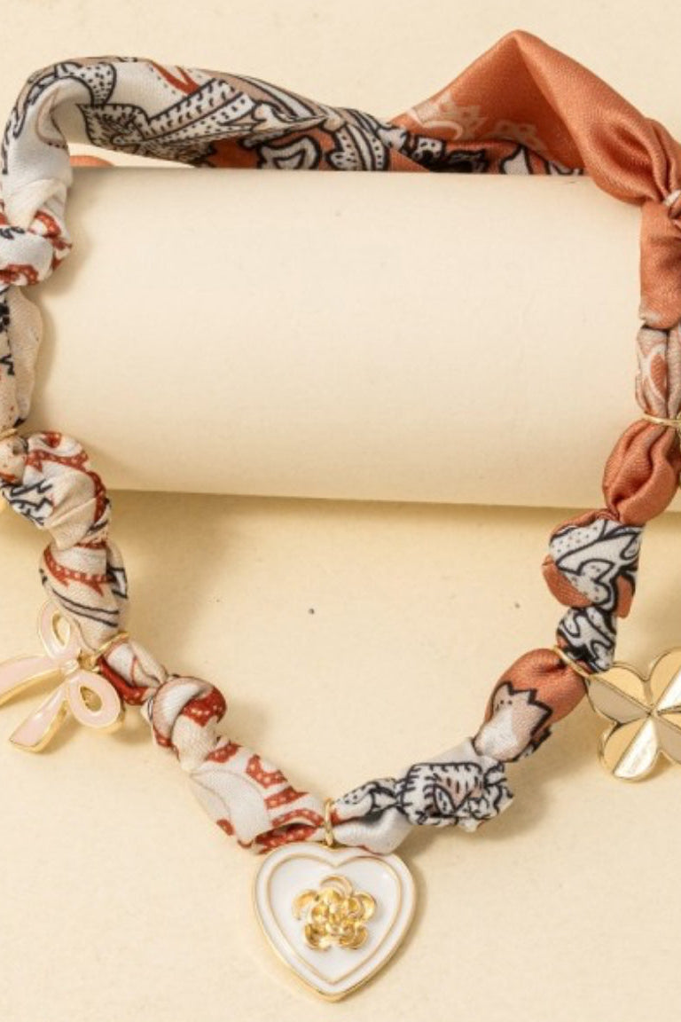 Heart Pearl & Floral Charm Pendant Bandana Necklace
