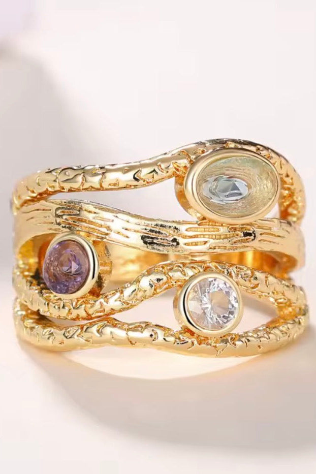 Gold Tone Multi-Layer Colored Stone Fashion Statement Ring
