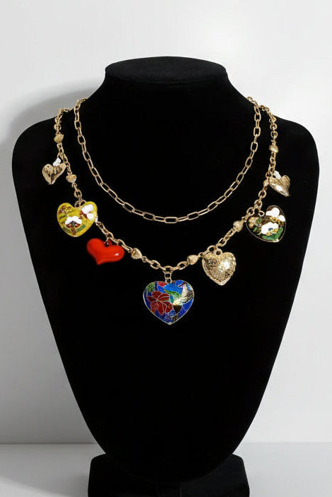 Mod Sky Vintage Style Double Strand Gold Heart Charm Necklace