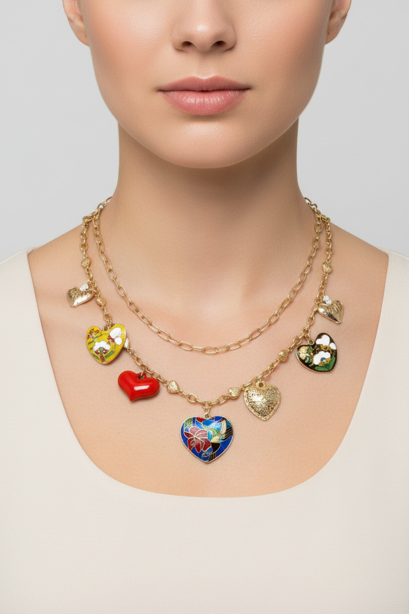 Mod Sky Vintage Boho Style Double Strand Gold Heart Charm Necklace