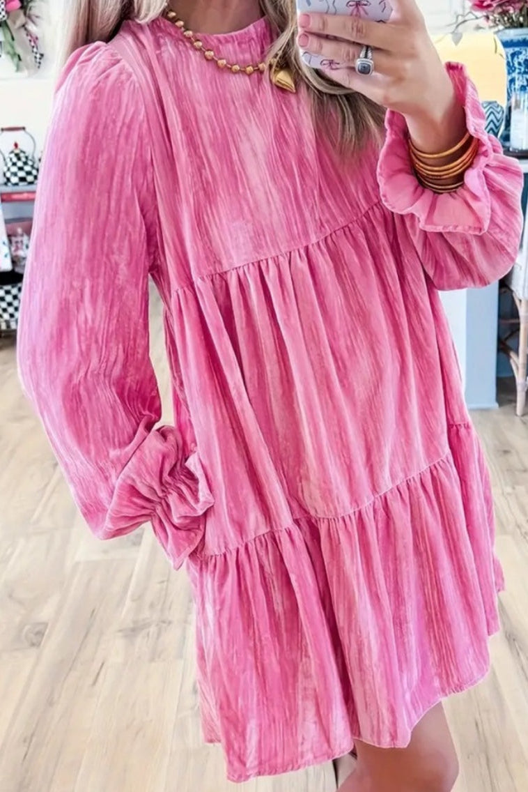 Pink Velvet White Bow Mini Dress