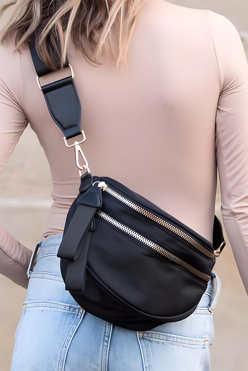 Wisteria Double Zip Crescent Shape Adjustable Sling Bag