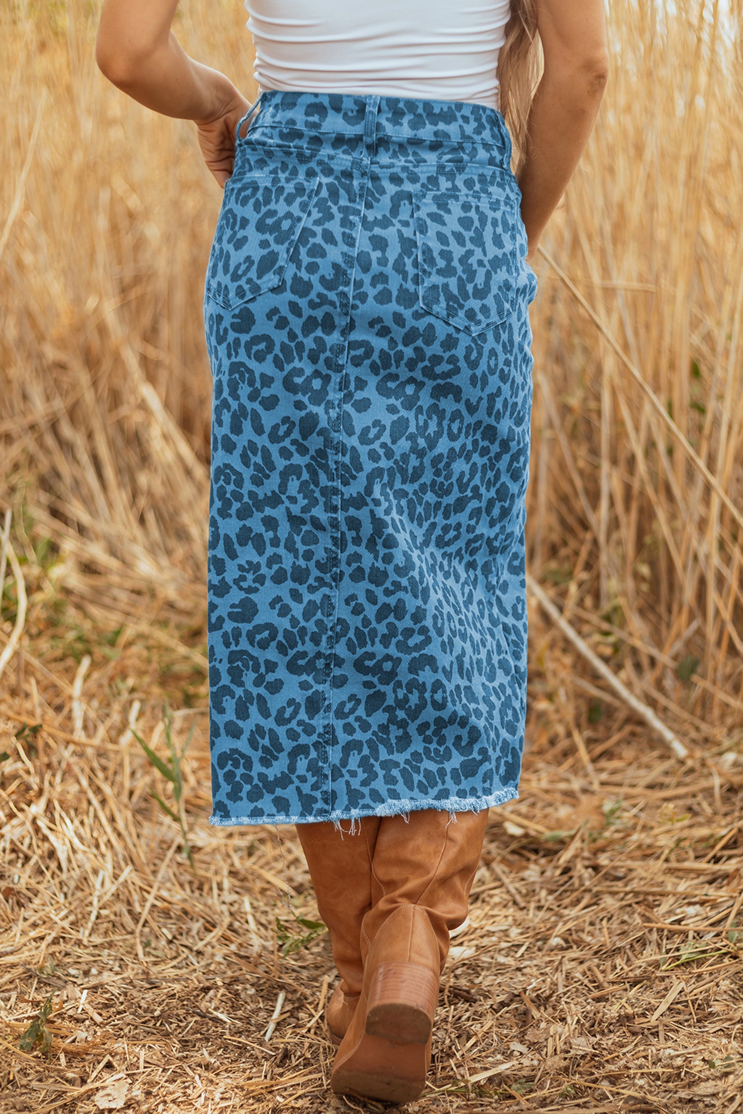 Brown Leopard Denim Frayed Split Denim Midi Skirt