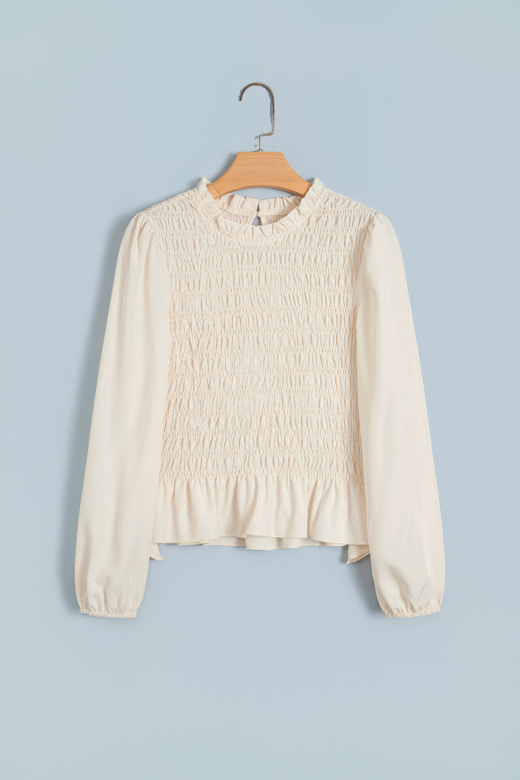 Coffee Solid Color Smocked Ruffle Hem Long Sleeve Blouse