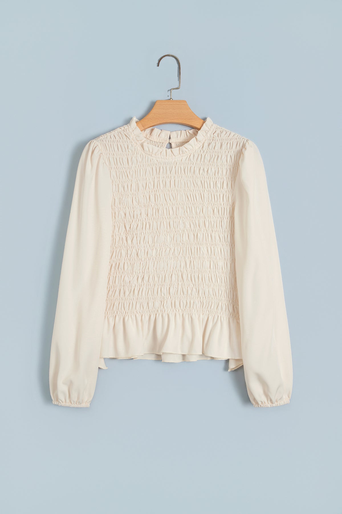 Coffee Solid Color Smocked Ruffle Hem Long Sleeve Blouse
