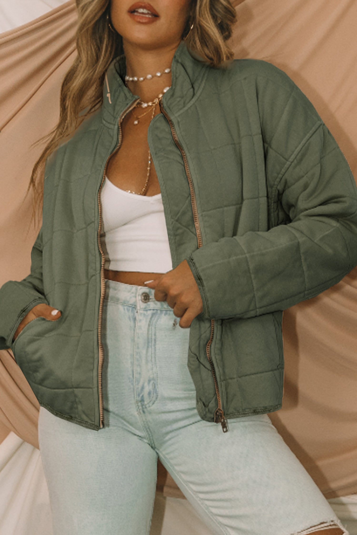 Green or Black Zip-Up Pocket Quilted Jacket