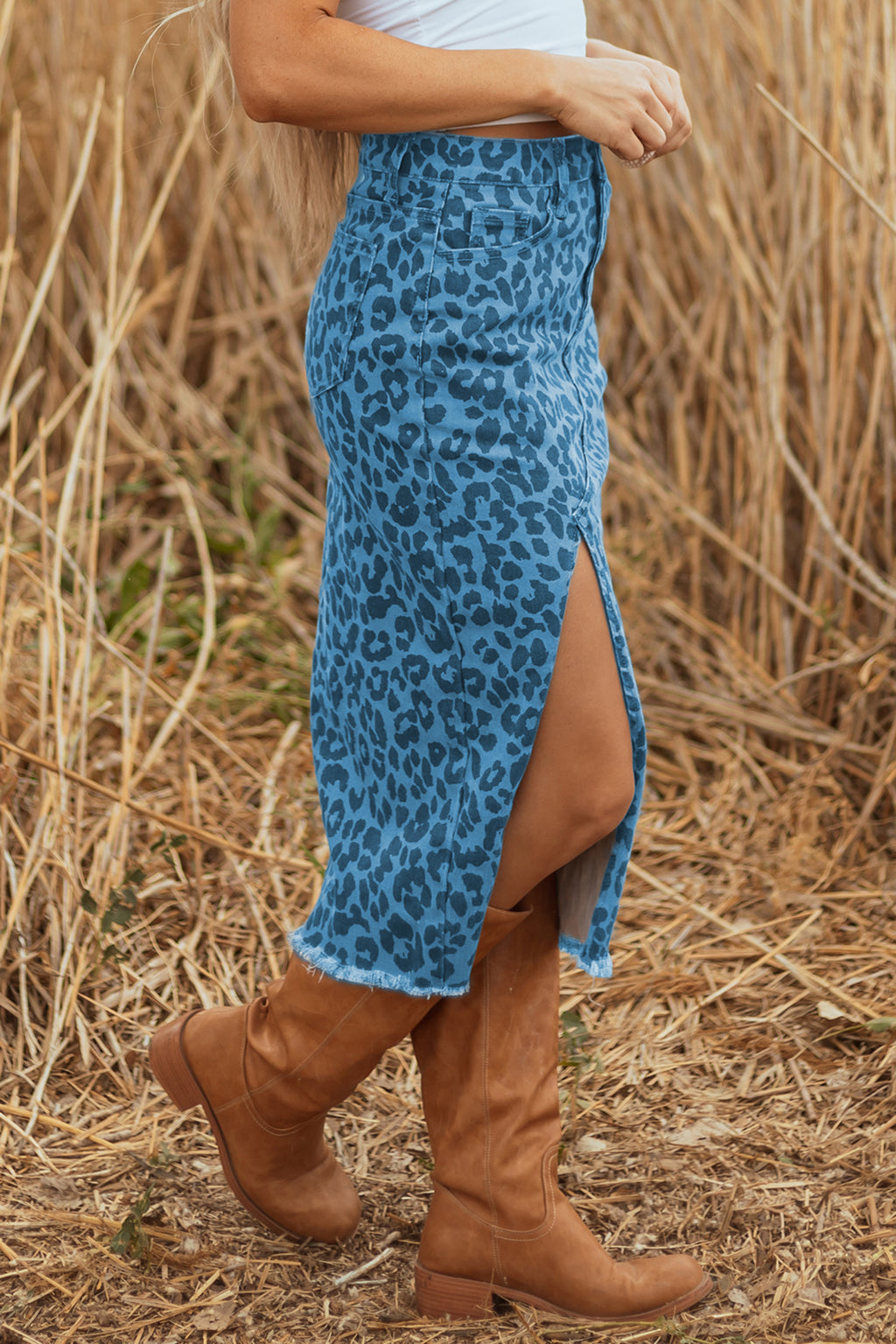 Brown Leopard Denim Frayed Split Denim Midi Skirt
