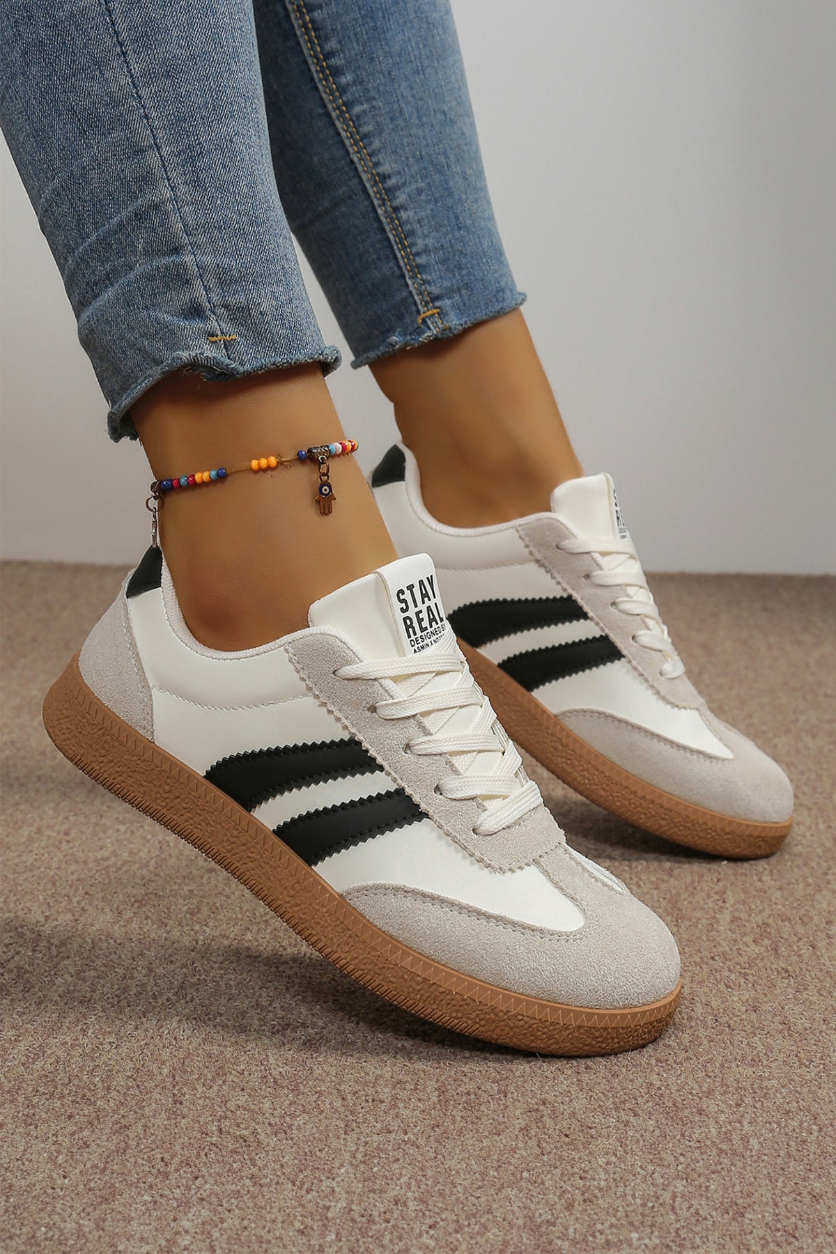 White Varsity Color Block Patchwork PU Leather Lace Up Shoes