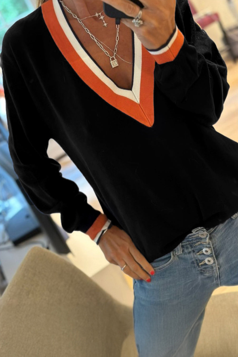 Contrast Striped Trim V Neck Varsity Sweater 3 Colors