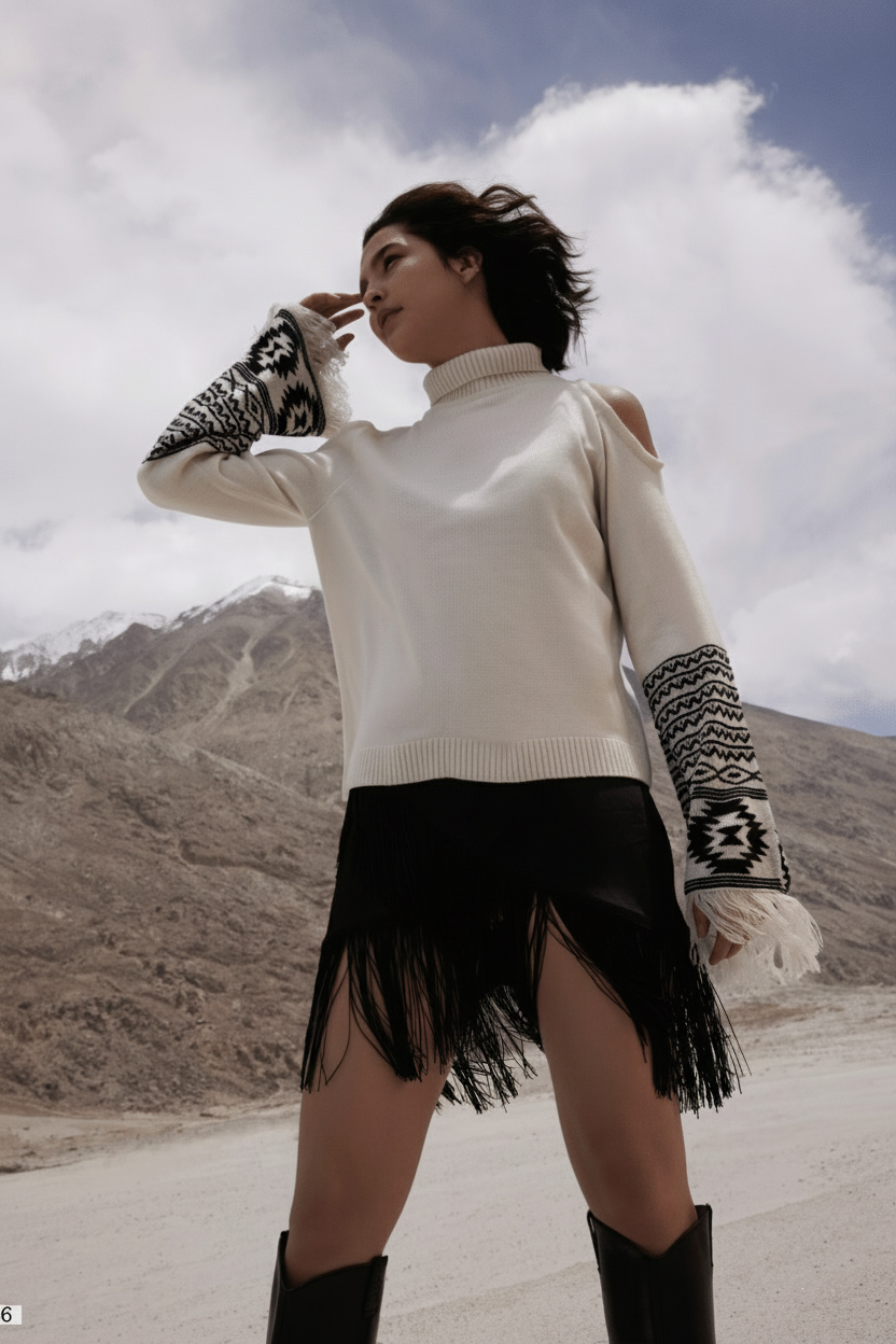 Myra Brinley Prairie Cold Shoulder Fringe Sweater