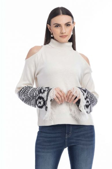 Myra Brinley Prairie Cold Shoulder Fringe Sweater