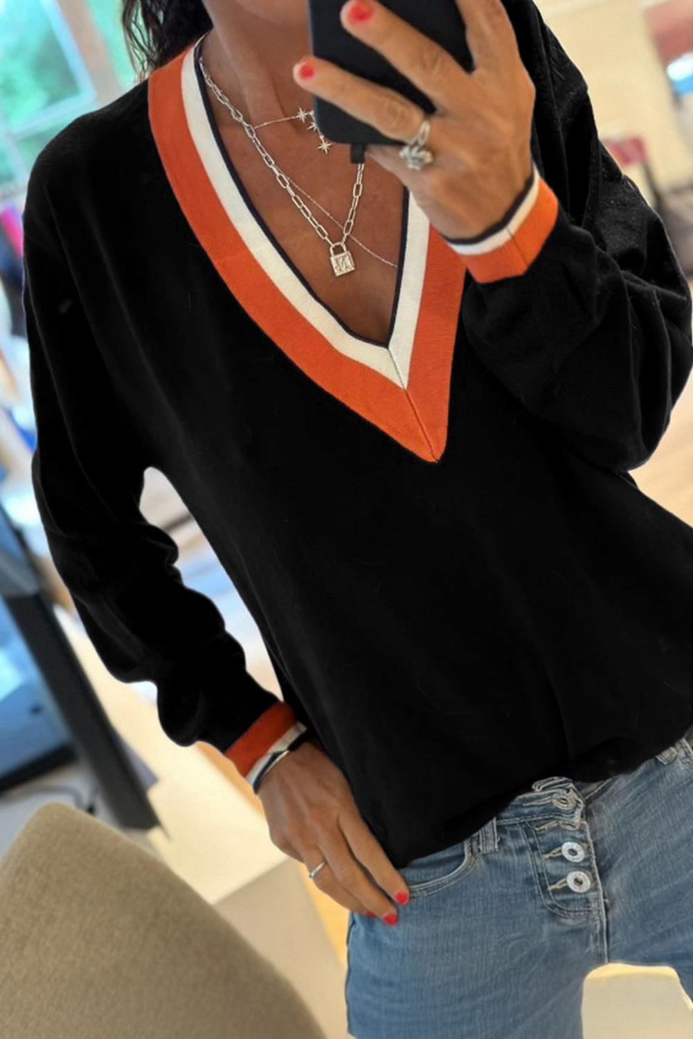 Contrast Striped Trim V Neck Varsity Sweater 3 Colors