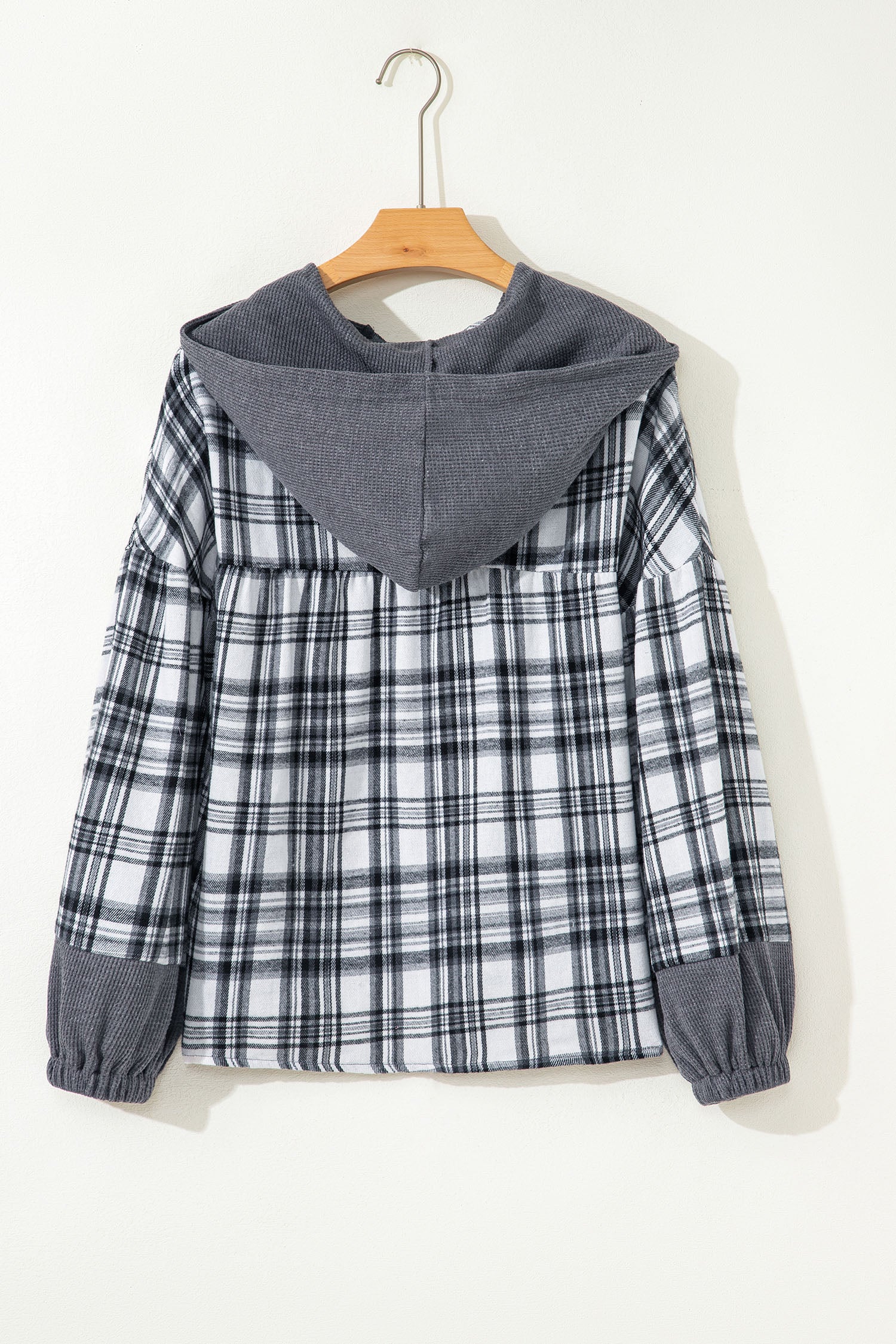 Brown Plaid Patchwork Long Sleeve Button Hooded Blouse