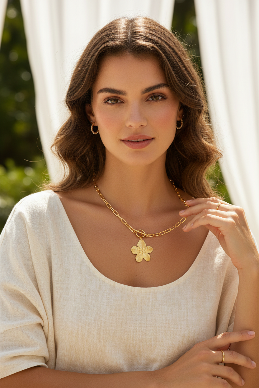 Gold Tone Flower Square Chain Toggle Necklace