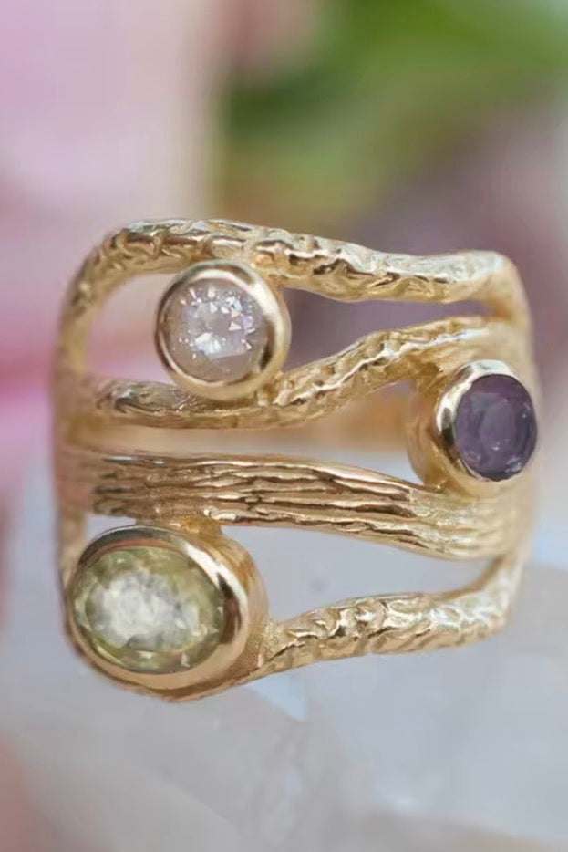 Gold Tone Multi-Layer Colored Stone Fashion Statement Ring