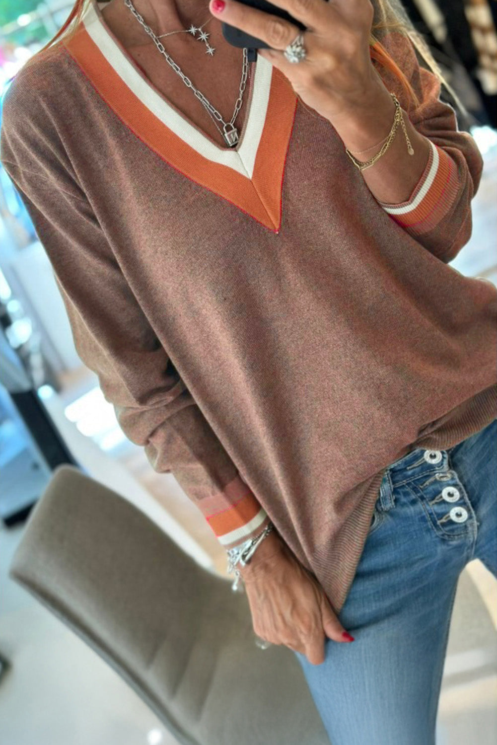 Contrast Striped Trim V Neck Varsity Sweater 3 Colors
