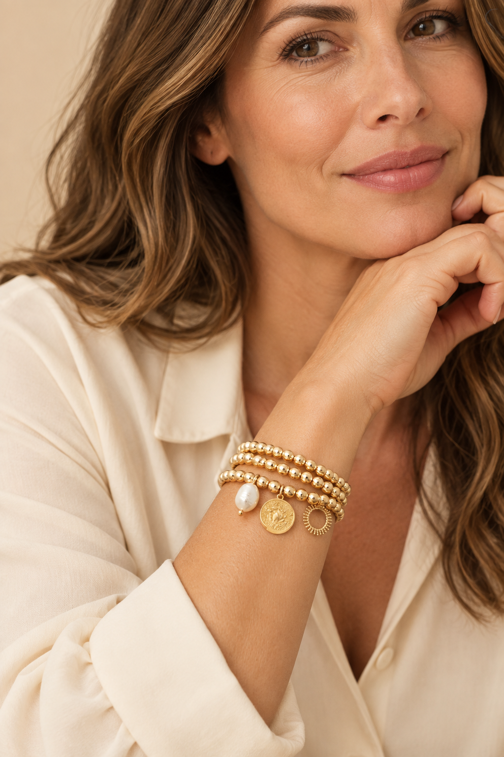 Coin, Faux Pearl & Sun Gold Charm Beaded Bracelet