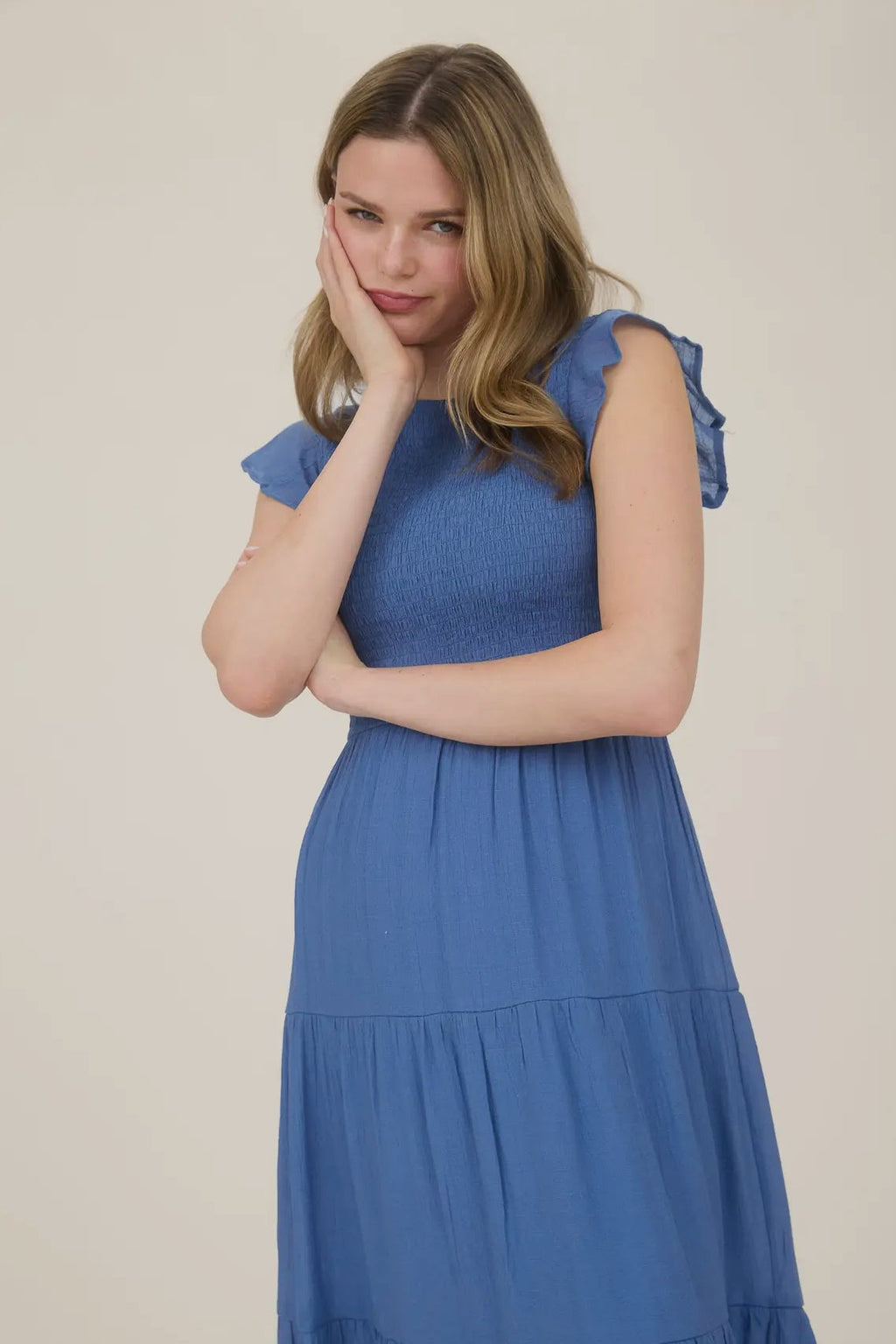 Blue  Pepper Dusty Blue Smocked Tiered Midi Tiered Dress