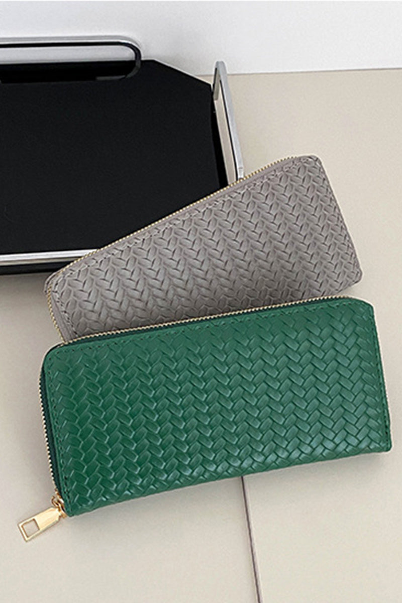 Vegan Leather Woven Weave Long Green Wallet