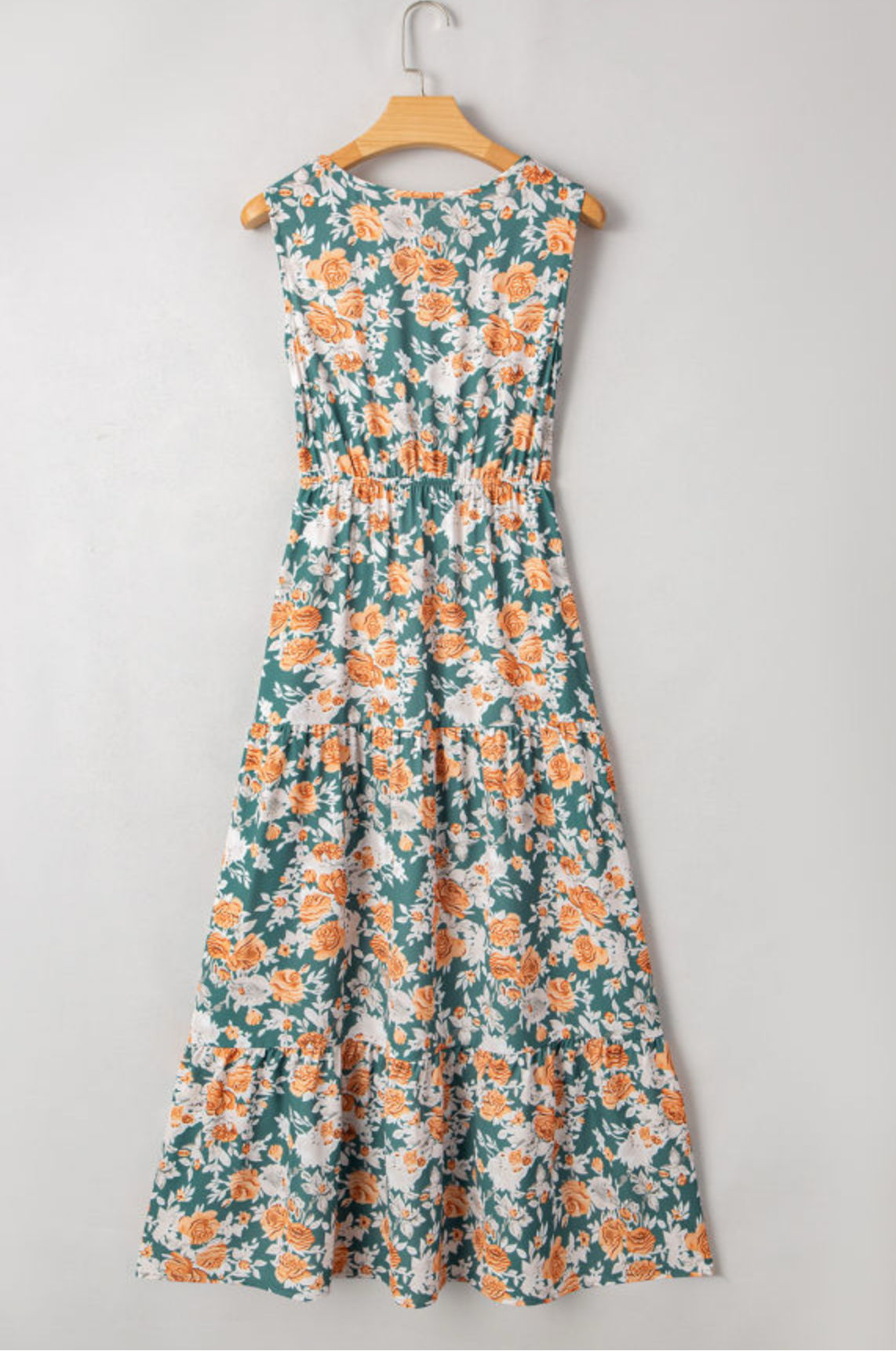 Dusty Green Floral Print V Neck Tie Waist Sleeves Maxi Dress