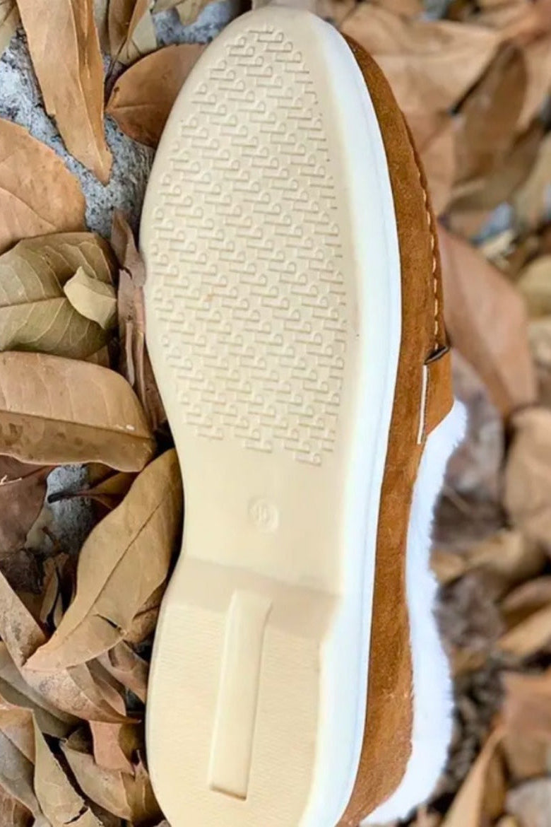 Cozy Brown Slip On Loafers with White Fleece Faux Fur Lining