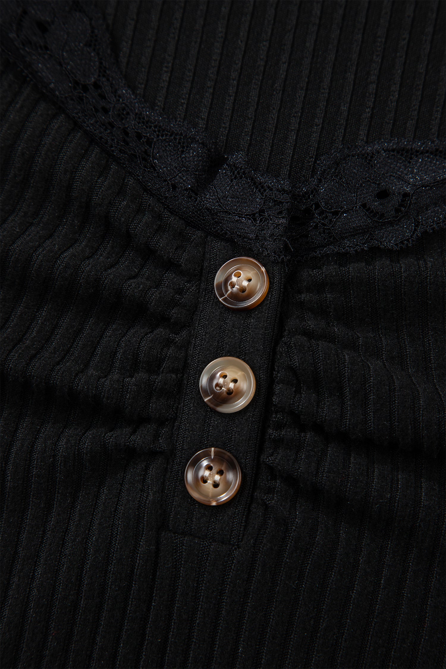 Beige Lace Neckline Button Decor Lettuce Edge Long Sleeve Ribbed Top