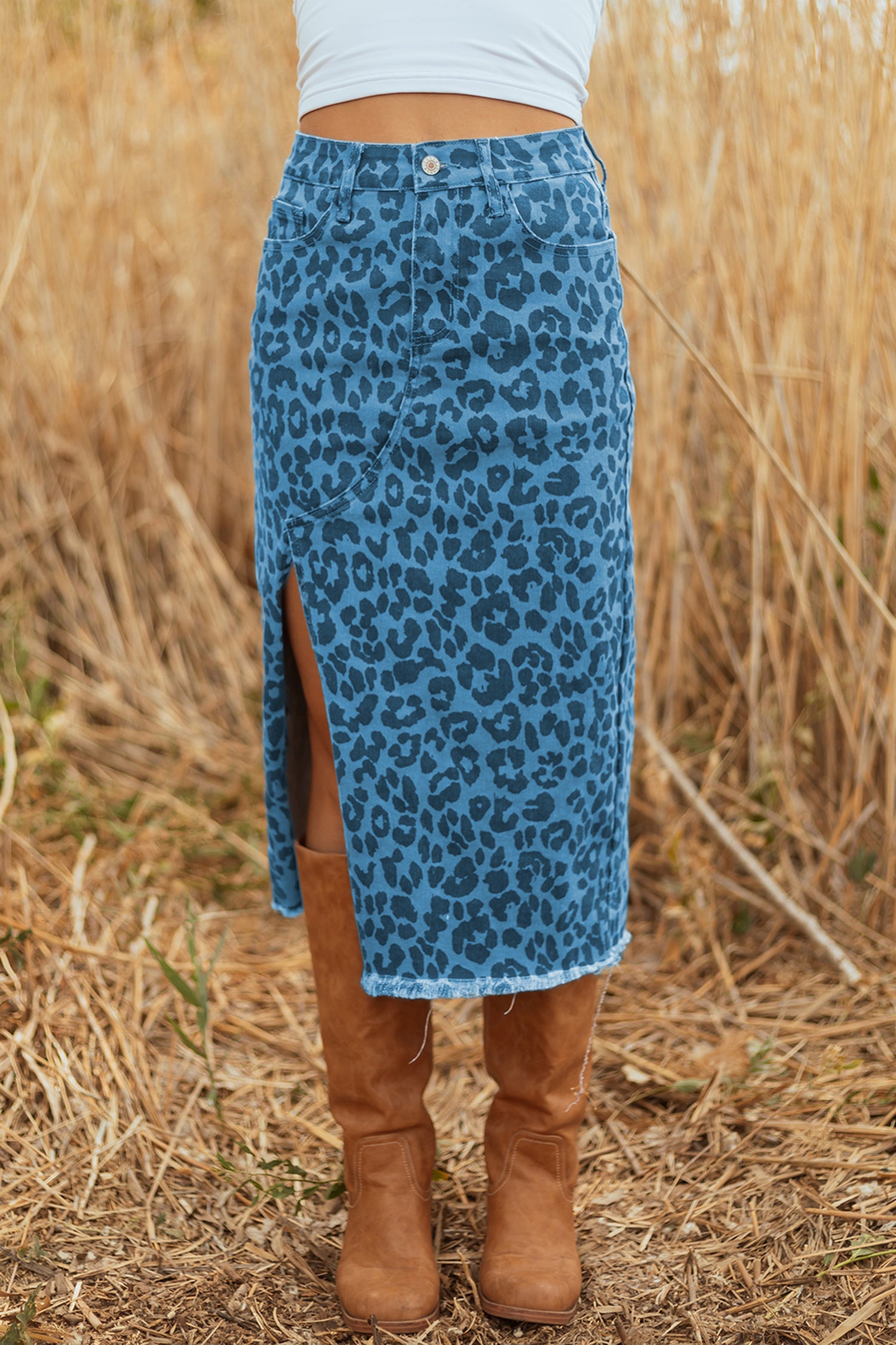 Brown Leopard Denim Frayed Split Denim Midi Skirt