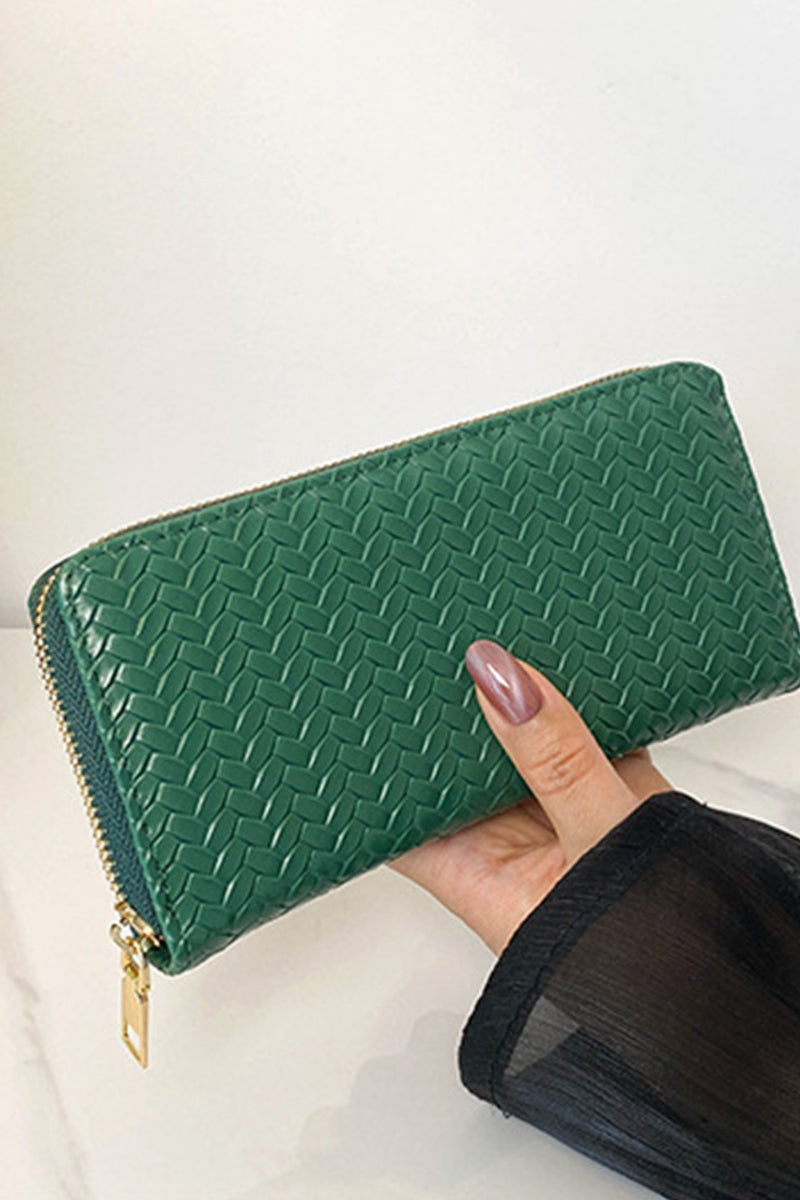 Vegan Leather Woven Weave Long Green Wallet