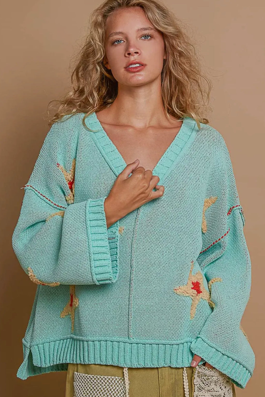 POL Star Berber Patch Paradise Mint V Neck Long Sleeve Sweater