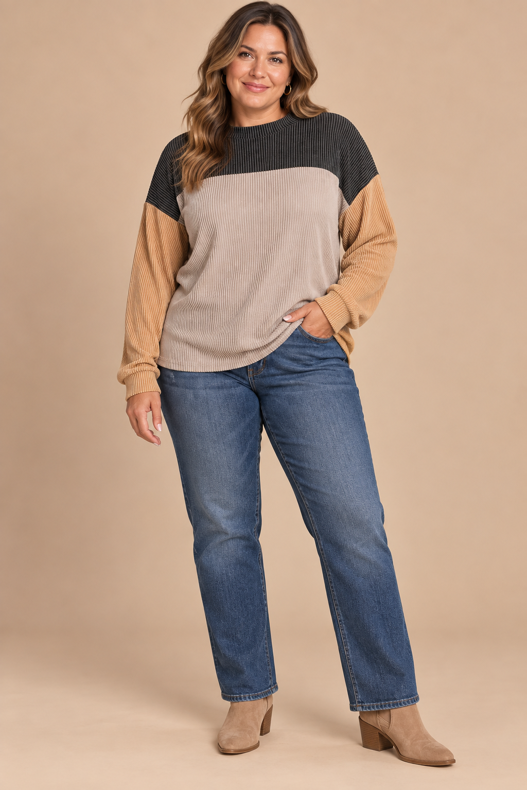 Long Sleeve Black & Beige Color Blocked Crewneck Knitted Top