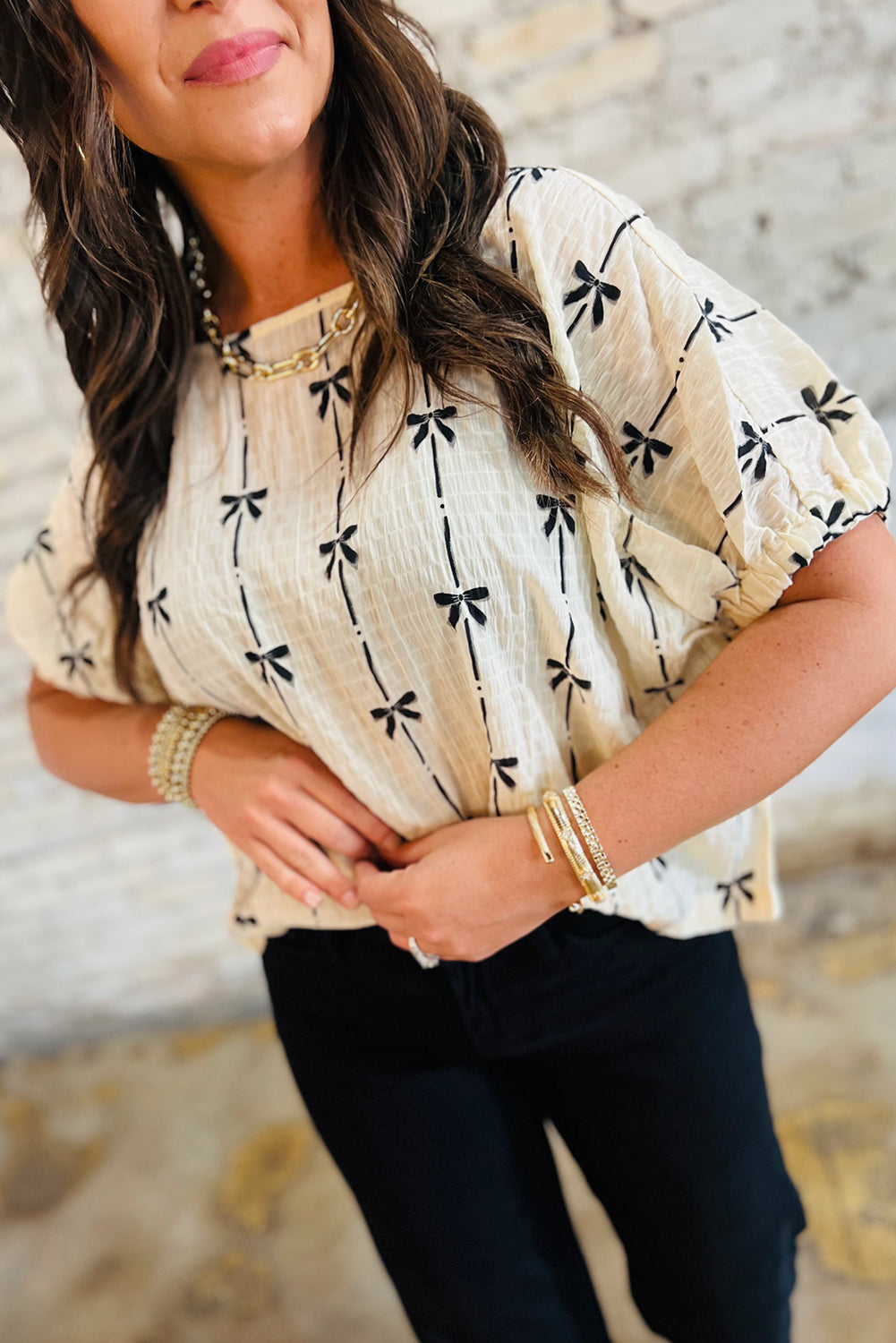 Black Bow Print Puff Short Sleeve Top