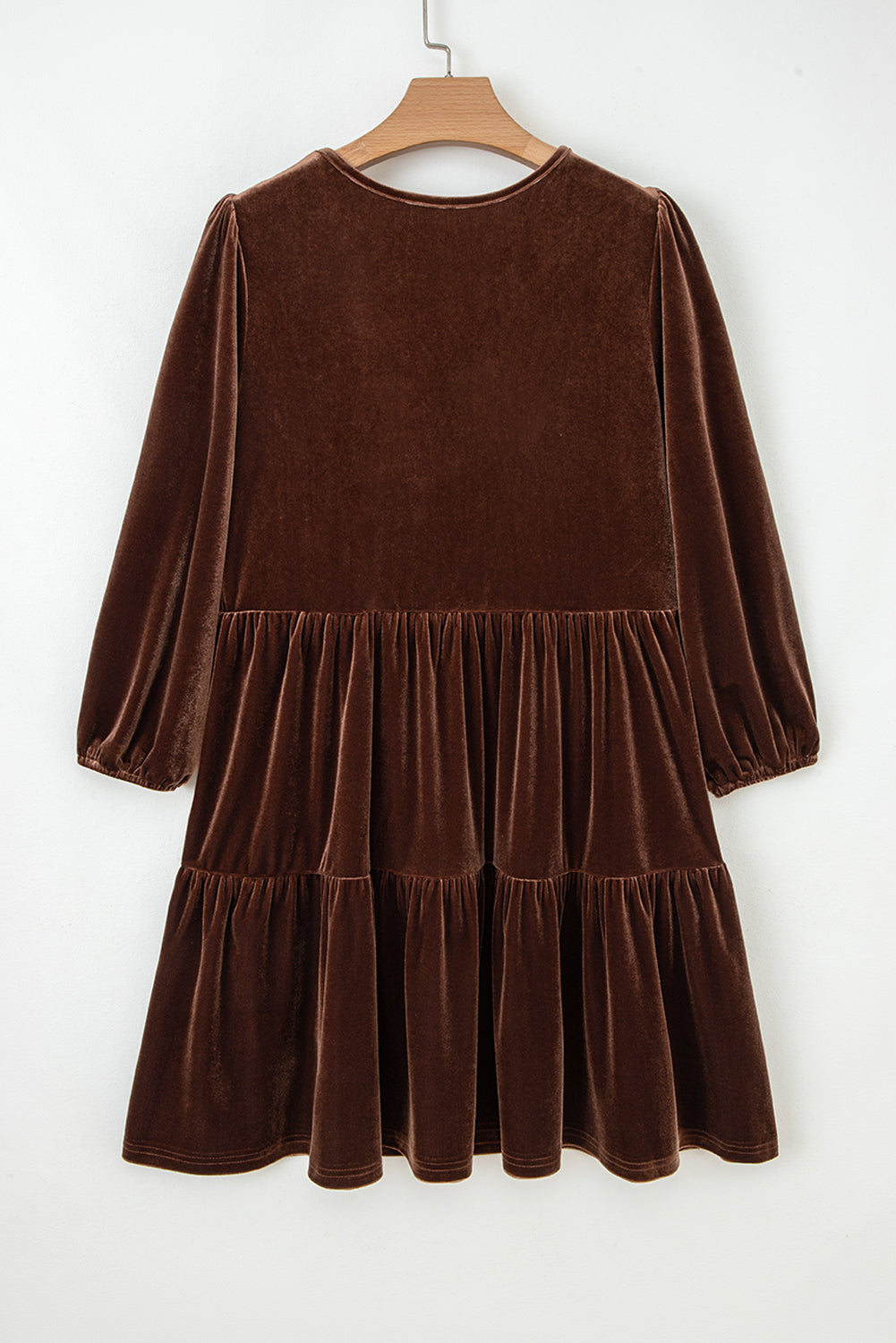 Chicory Coffee Solid Color Velvet V Neck Long Sleeve Tiered Mini Dress
