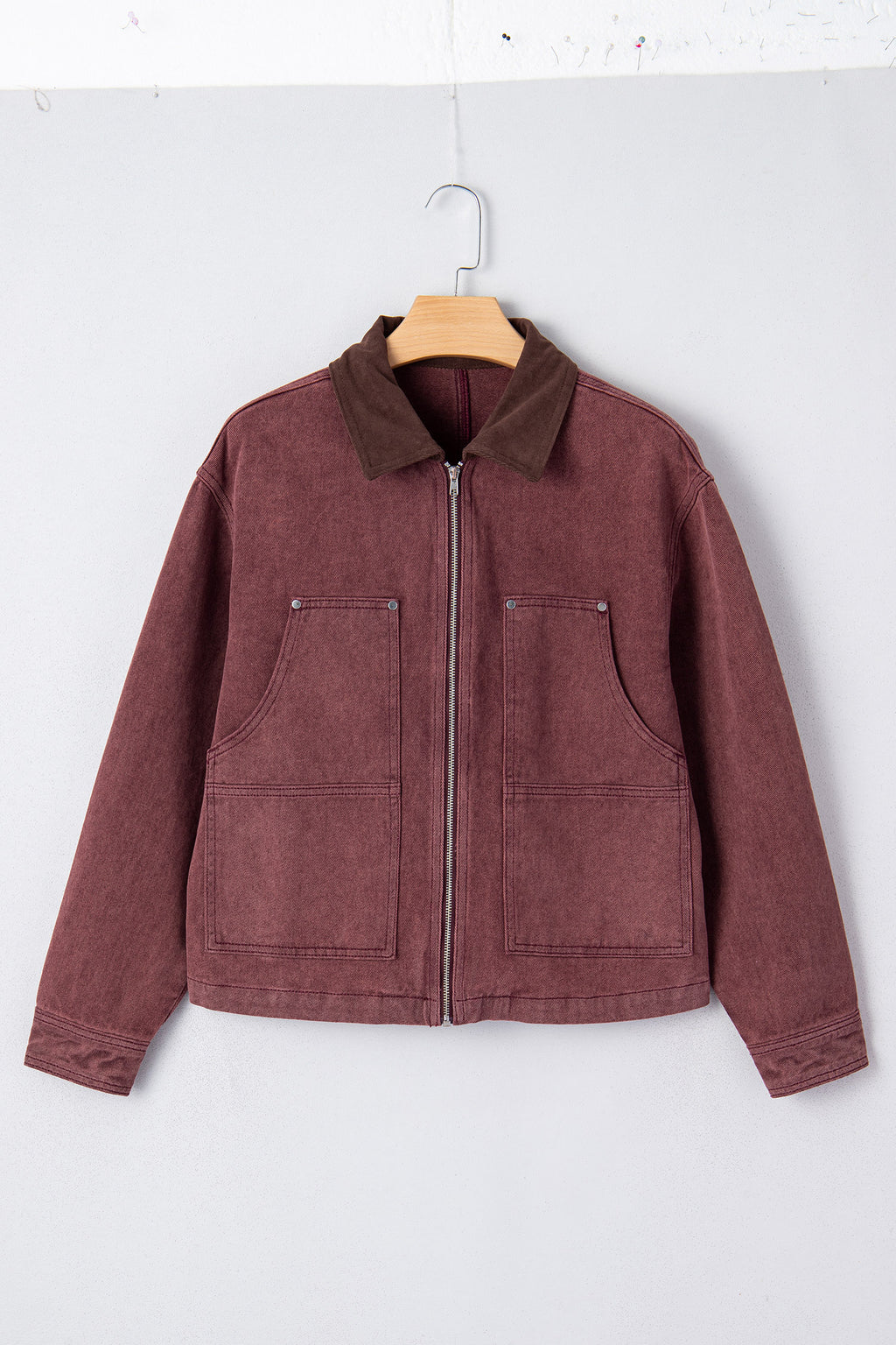 Coffee Corduroy Collar Zipped Front Denim Jacket