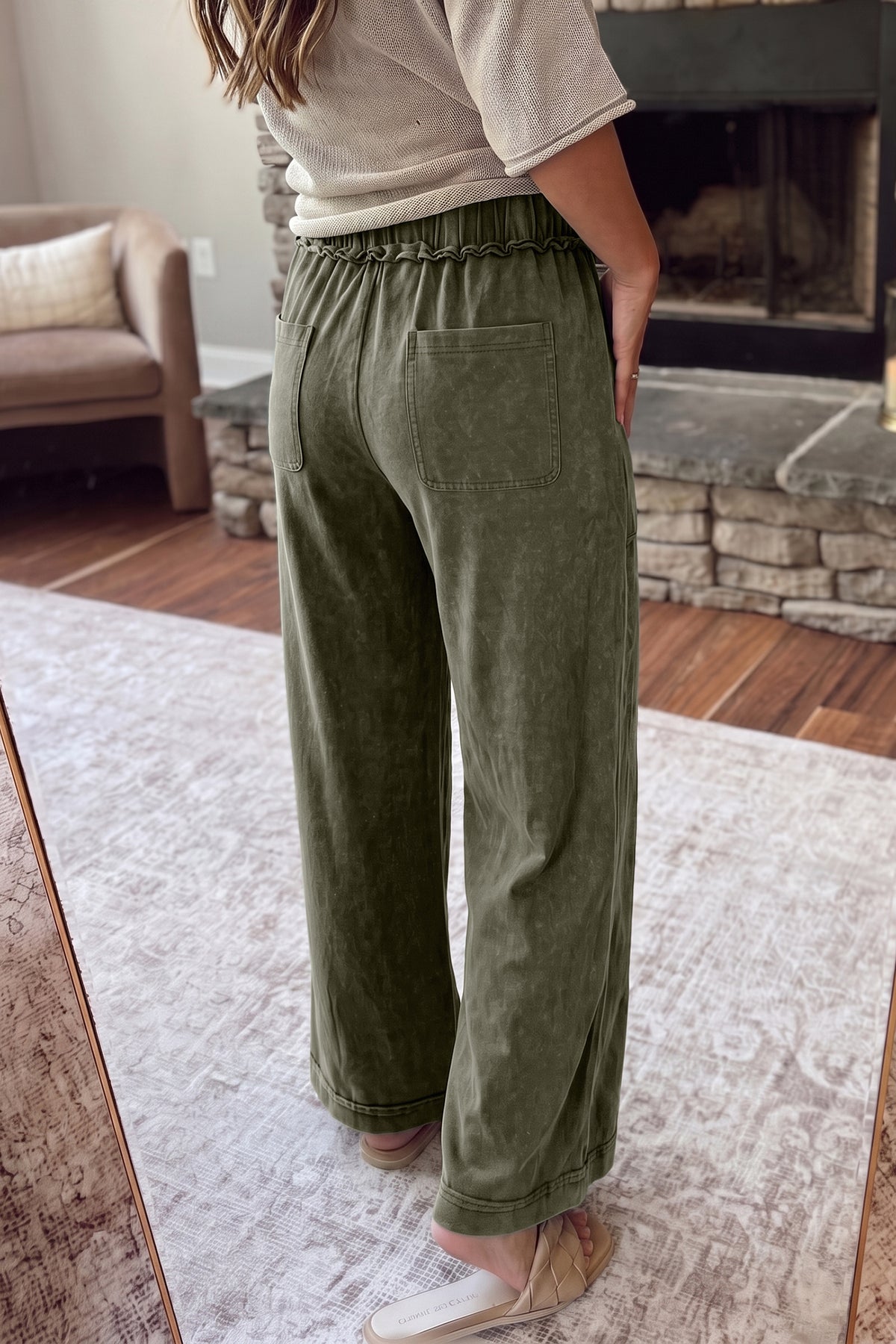 Coffee Mineral Wash Seam Detail Flare Leg Drawstring Pants