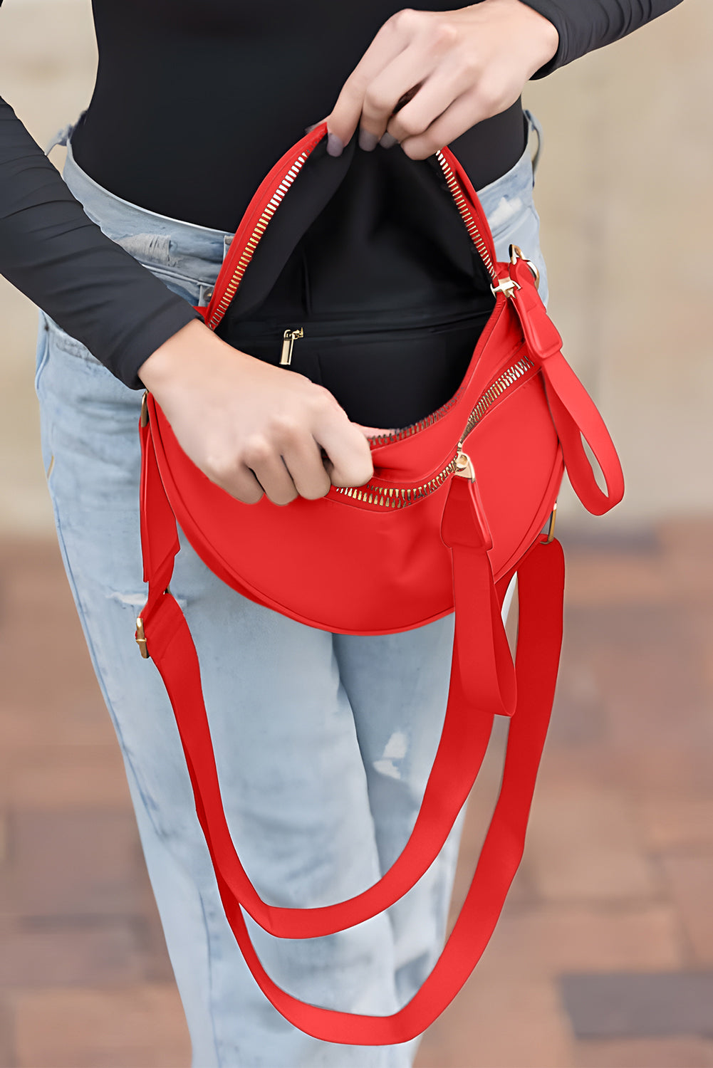 Wisteria Double Zip Crescent Shape Adjustable Sling Bag