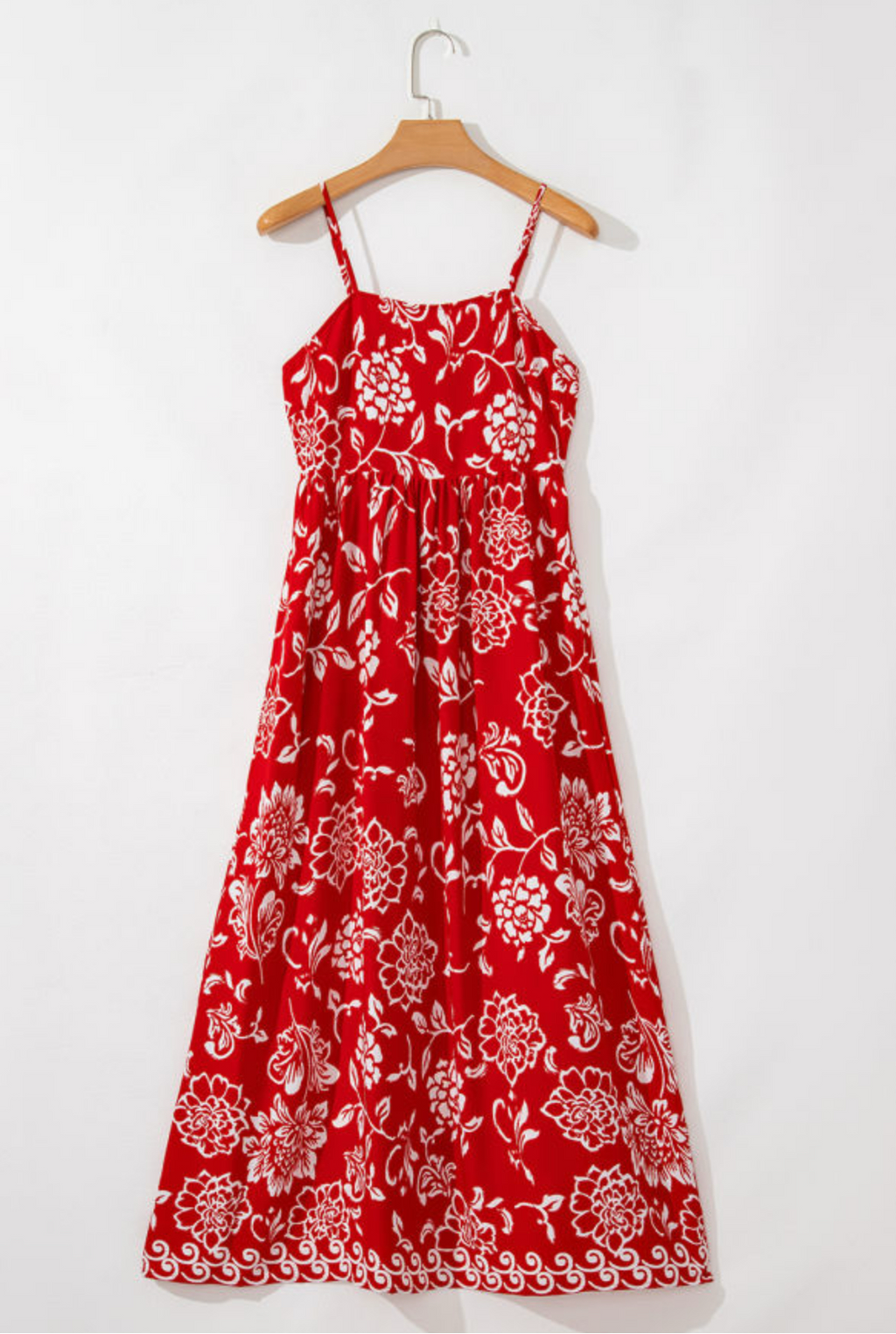 Red Floral Printed Spaghetti Strap Empire Waist Maxi Dress