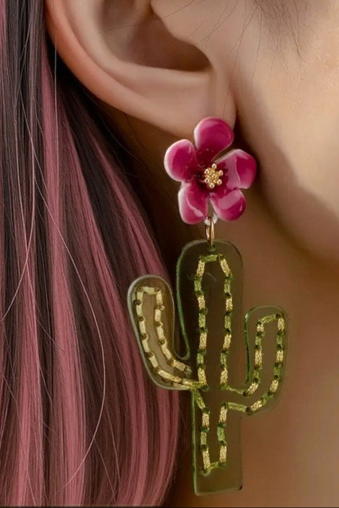 Pink and Green Cactus Drop Earrings