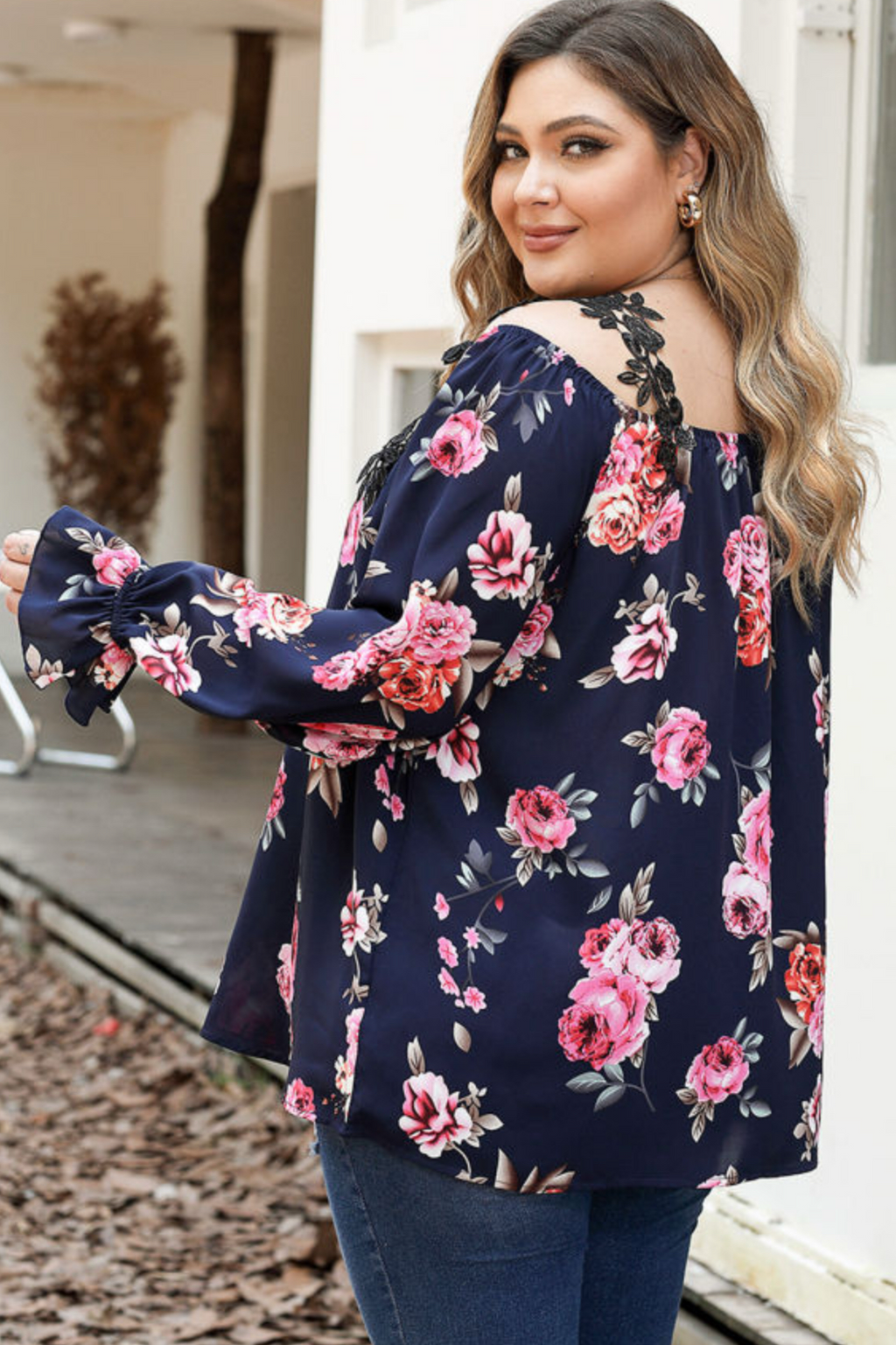 Plus Size Crochet Detail Navy Floral Cold Shoulder Long Sleeve Blouse