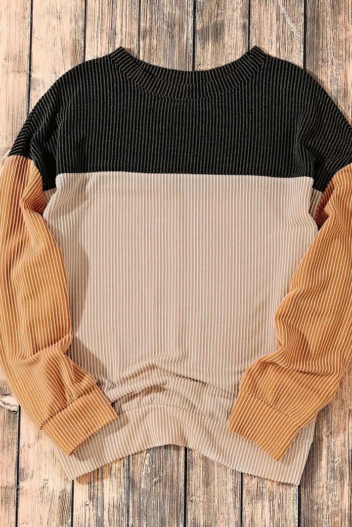 Long Sleeve Black & Beige Color Blocked Crewneck Knitted Top