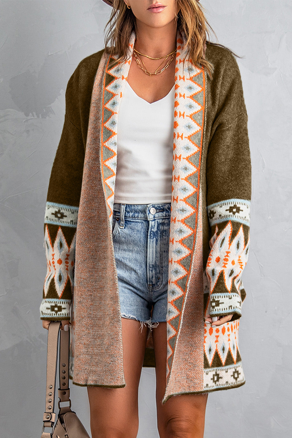 Khaki Aztec Print Open Front Knitted Cardigan