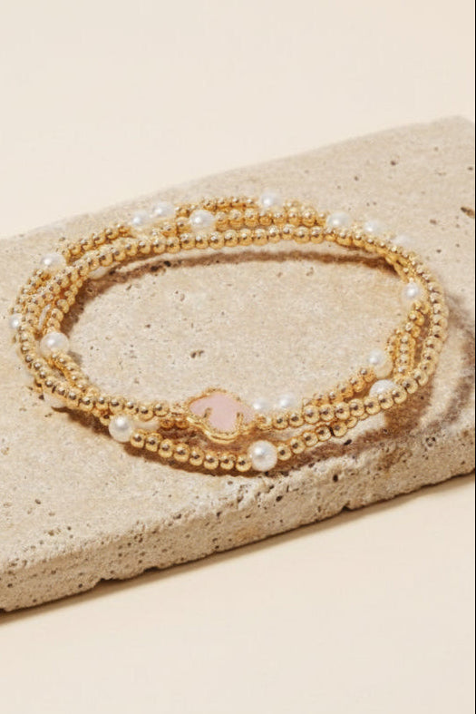 Tell Your Tale Gold and Pearl Beaded Clover Charm Bracelet Set 4 Colors