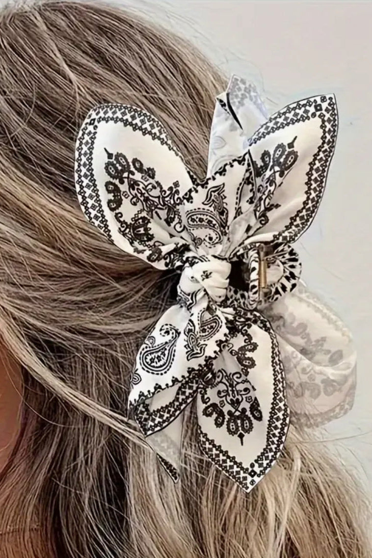 White and Black Paisley Floral Bandana Print Bow Knot Hair Clip