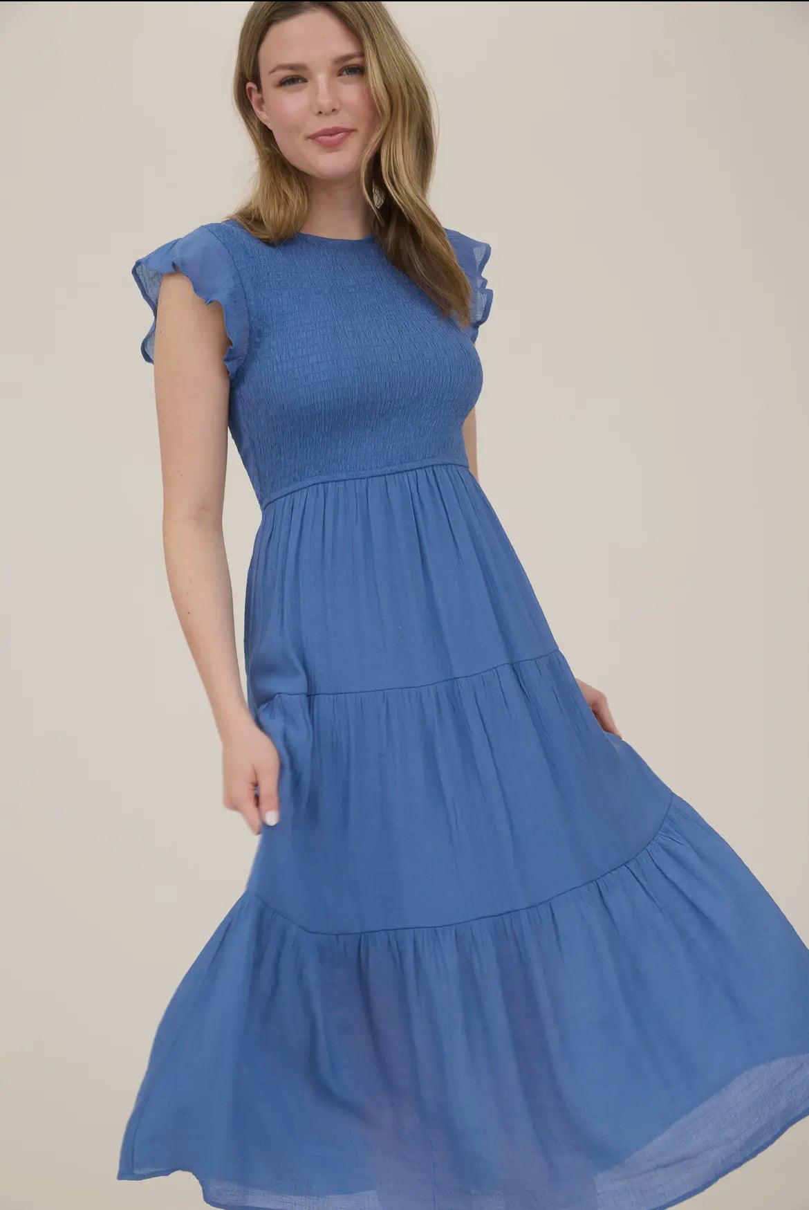 Blue  Pepper Dusty Blue Smocked Tiered Midi Tiered Dress